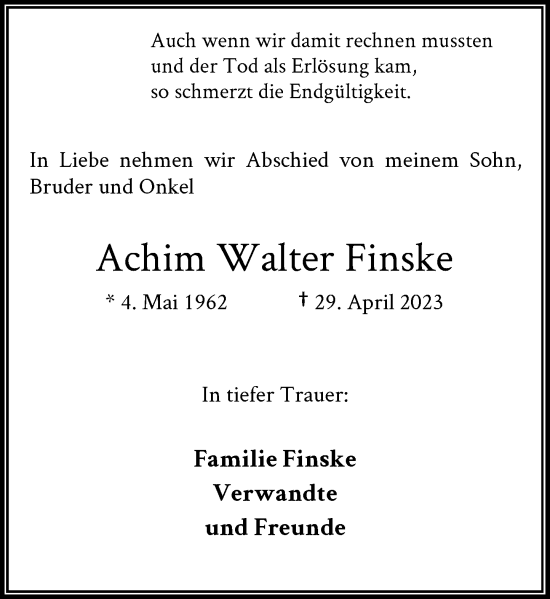 Todesanzeige von Achim Walter Finske von Rheinische Post