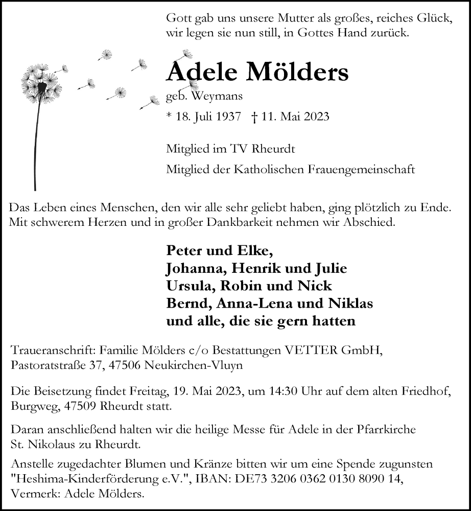  Traueranzeige für Adele Mölders vom 13.05.2023 aus Rheinische Post