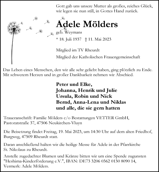 Traueranzeige von Adele Mölders von Rheinische Post