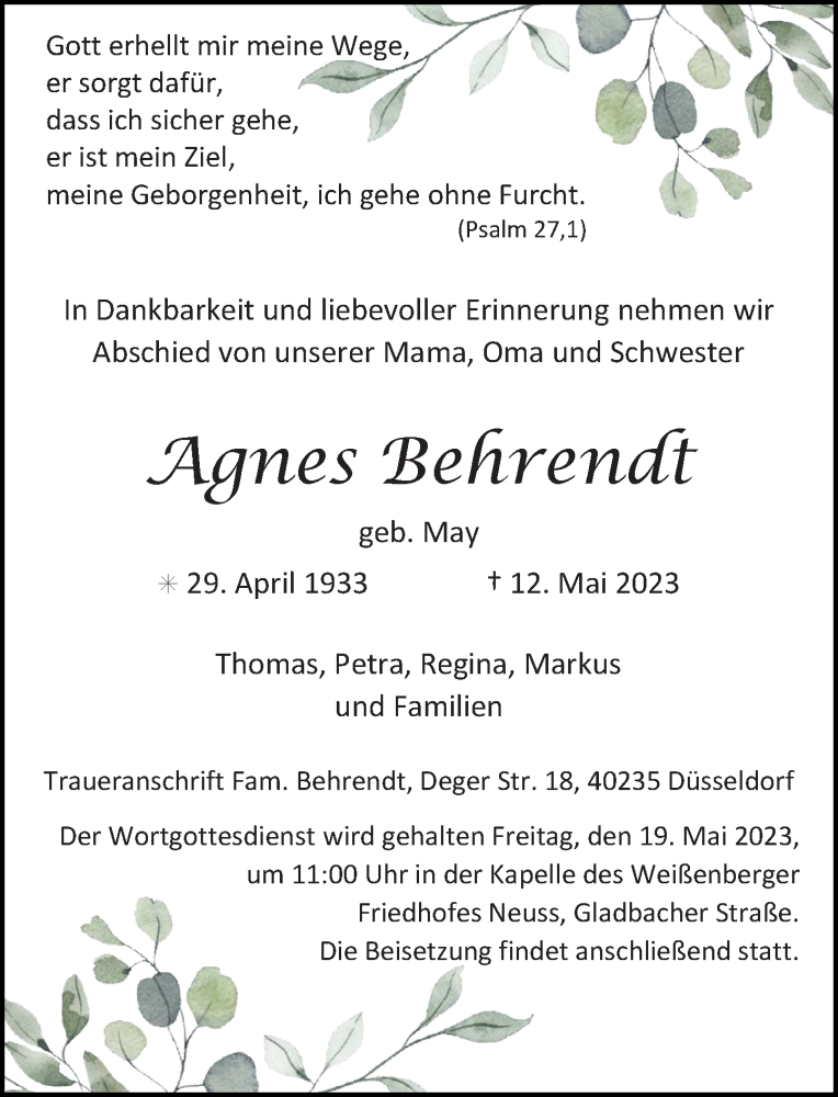  Traueranzeige für Agnes Behrendt vom 17.05.2023 aus Rheinische Post
