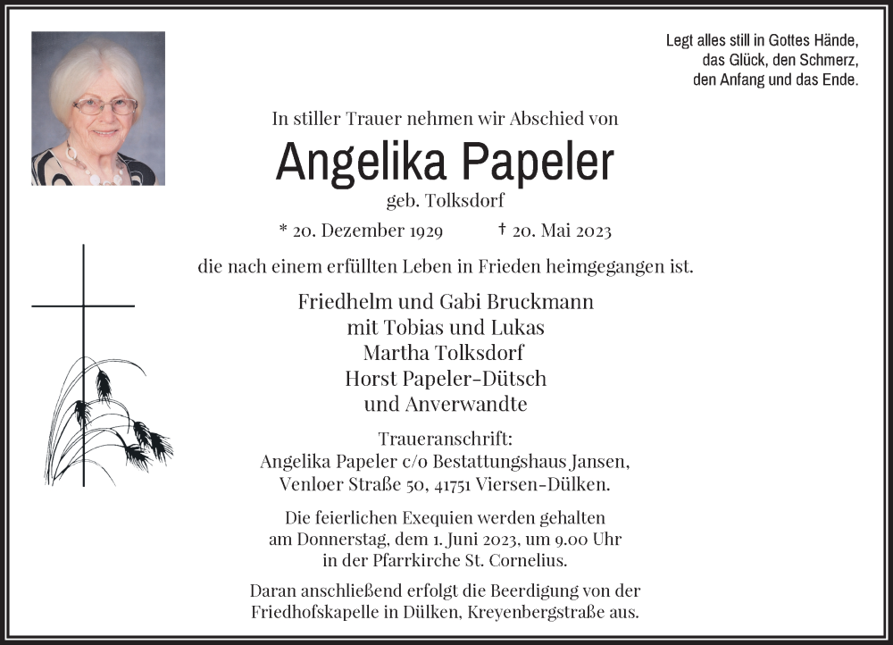  Traueranzeige für Angelika Papeler vom 27.05.2023 aus Rheinische Post