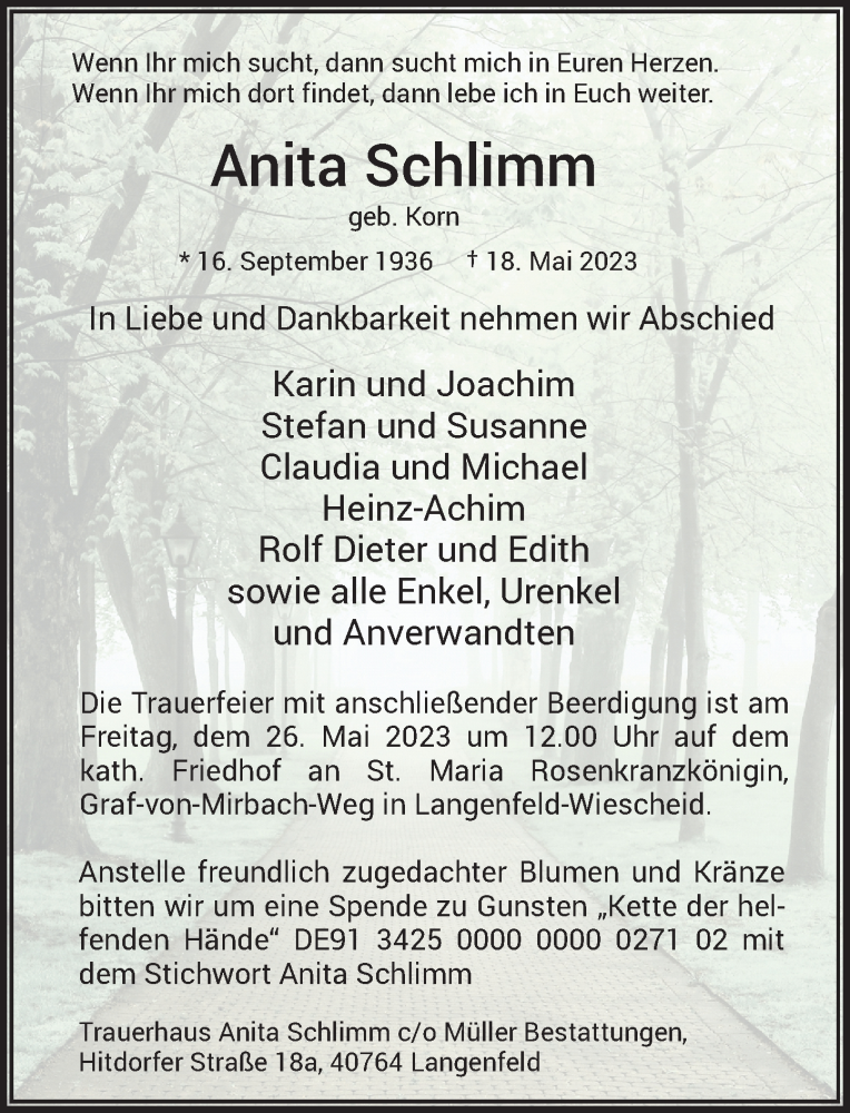  Traueranzeige für Anita Schlimm vom 20.05.2023 aus Rheinische Post