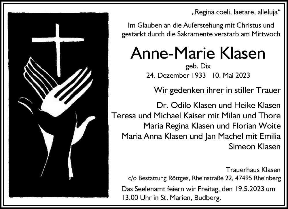  Traueranzeige für Anne-Marie Klasen vom 15.05.2023 aus Rheinische Post