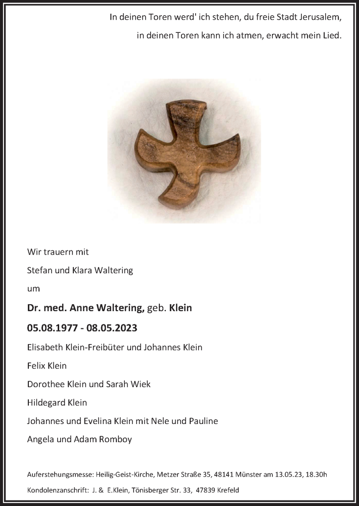  Traueranzeige für Anne Waltering vom 13.05.2023 aus Rheinische Post