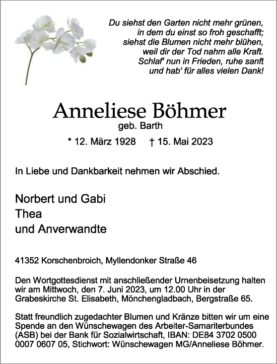 Traueranzeige von Anneliese Böhmer von Rheinische Post