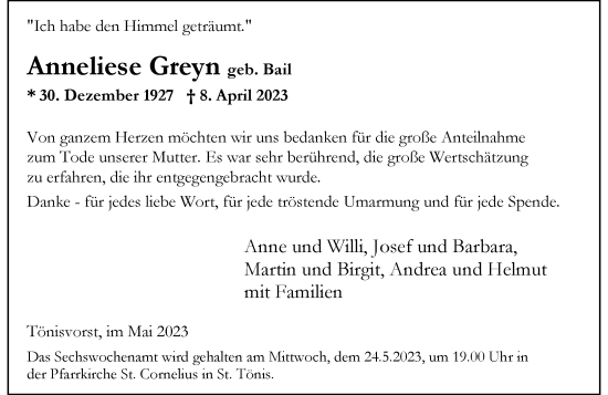 Traueranzeige von Anneliese Greyn von Rheinische Post