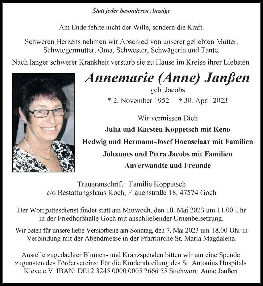  Traueranzeige für Annemarie Janßen vom 06.05.2023 aus Rheinische Post