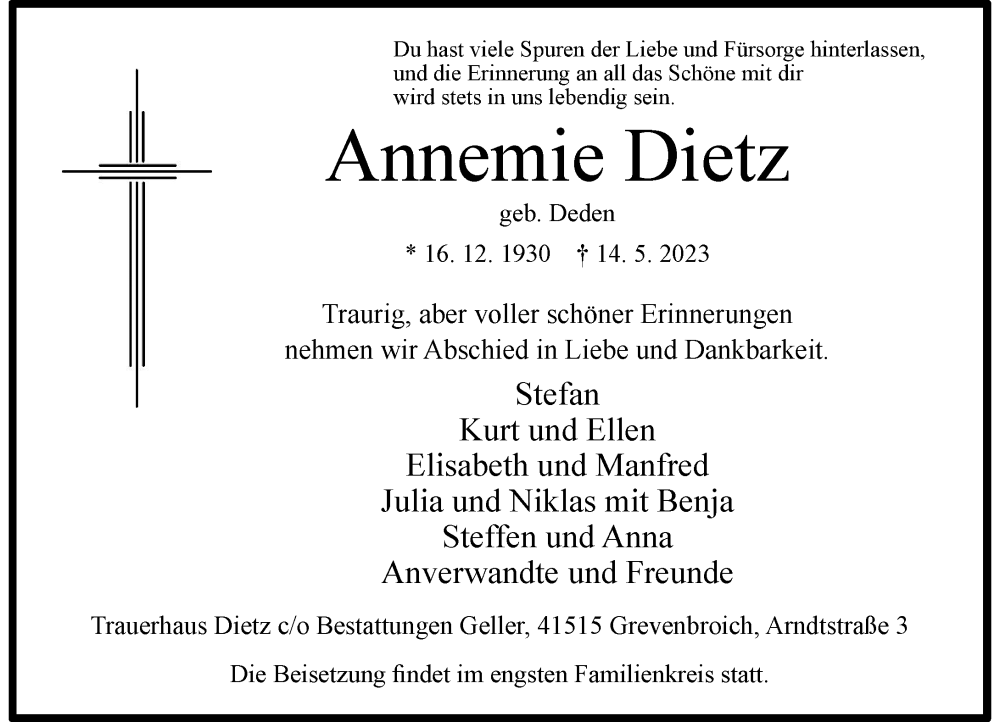  Traueranzeige für Annemie Dietz vom 20.05.2023 aus Rheinische Post