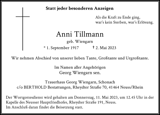 Traueranzeige von Anni Tillmann von Rheinische Post