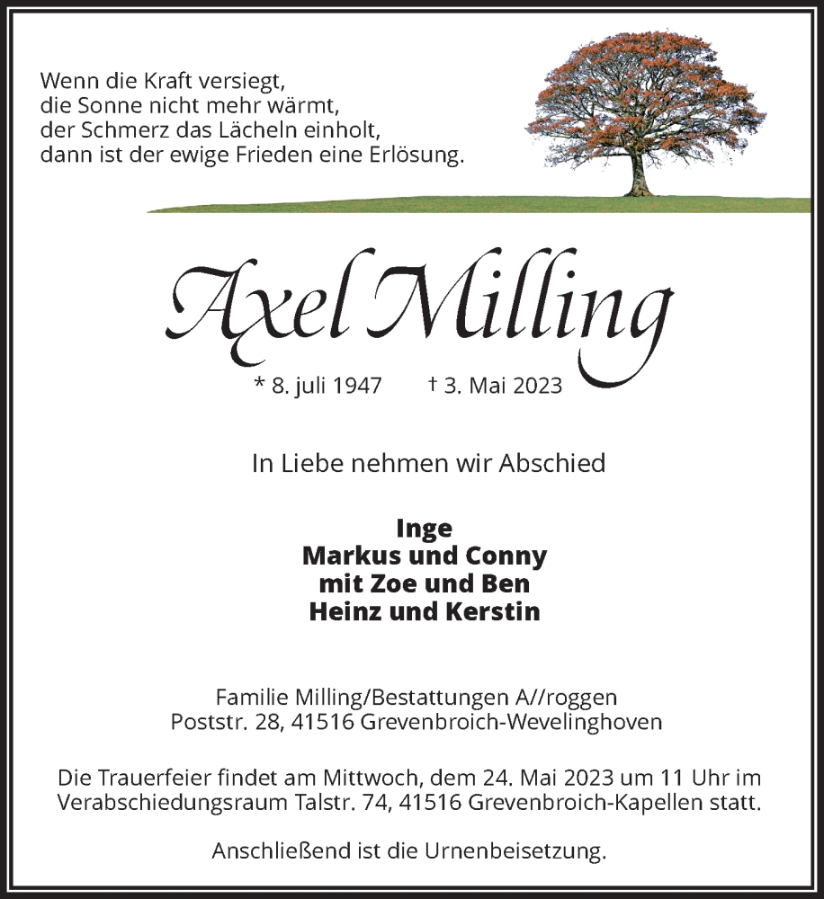  Traueranzeige für Axel Milling vom 20.05.2023 aus Rheinische Post