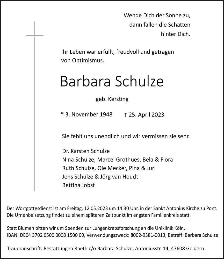  Traueranzeige für Barbara Schulze vom 06.05.2023 aus Rheinische Post