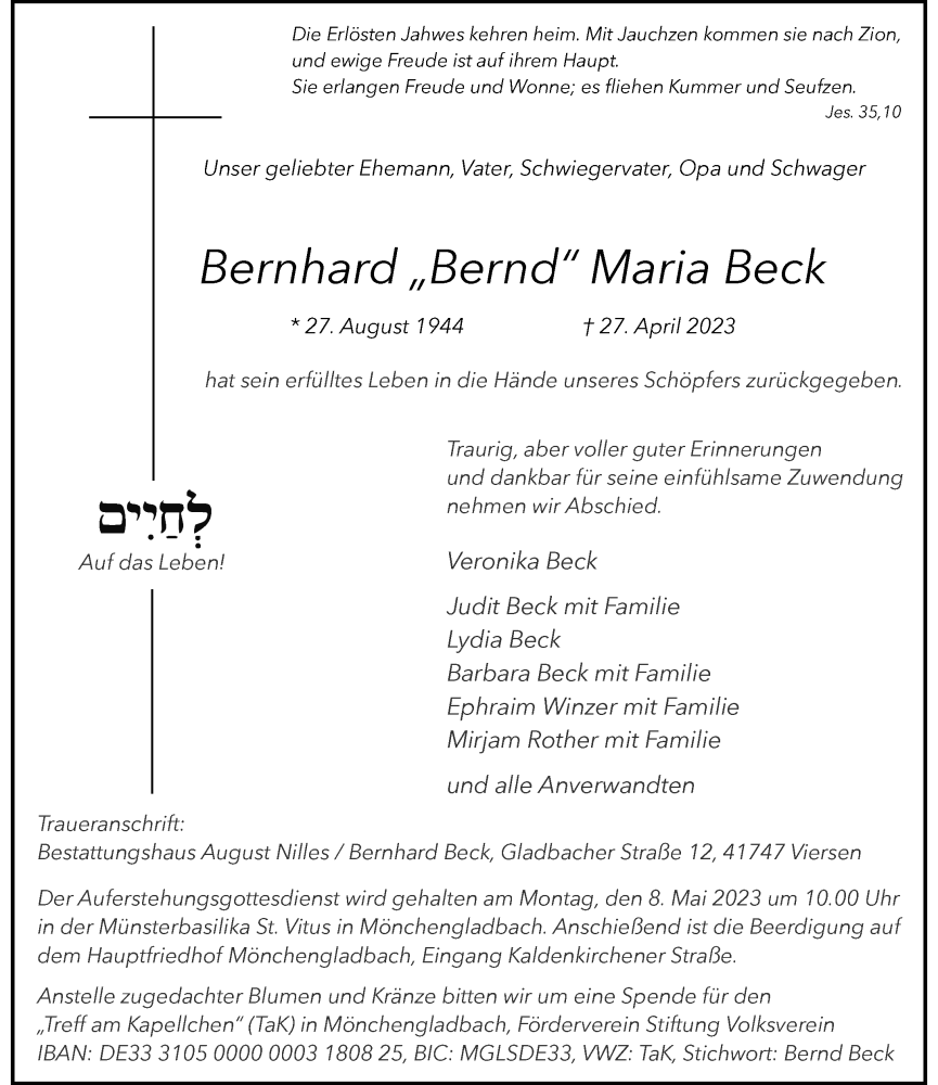  Traueranzeige für Bernhard Maria Beck vom 06.05.2023 aus Rheinische Post