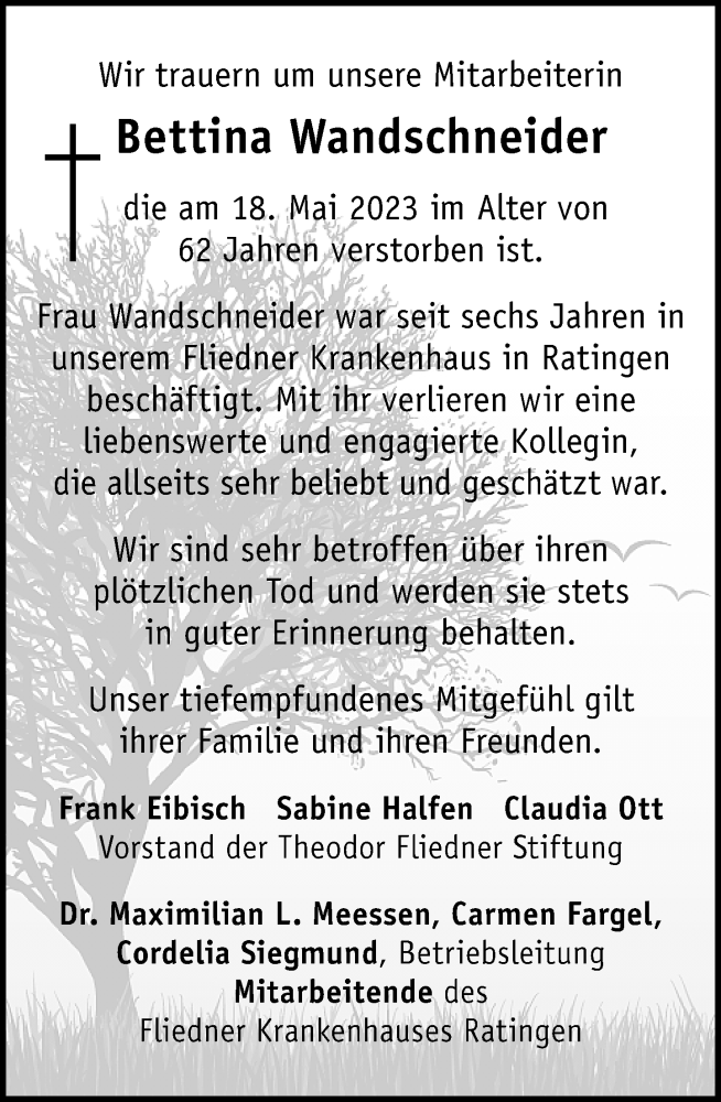  Traueranzeige für Bettina Wandschneider vom 27.05.2023 aus Rheinische Post
