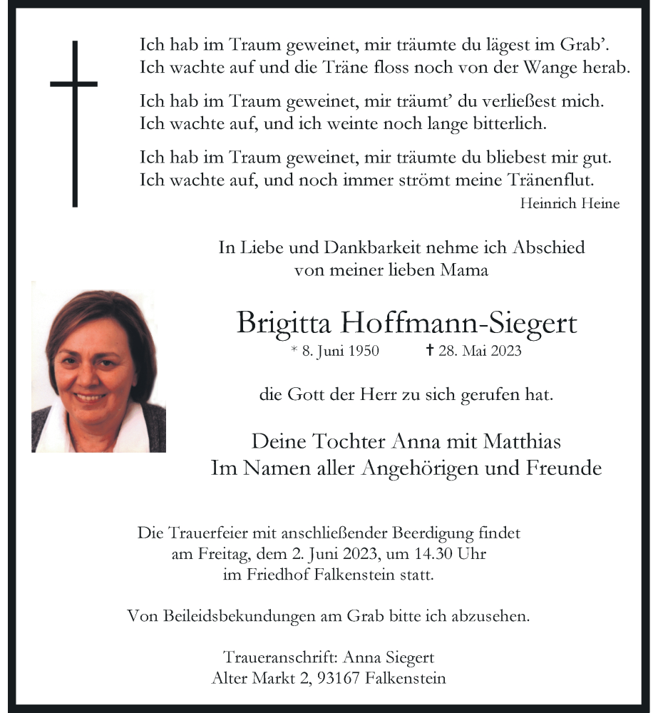  Traueranzeige für Brigitta Hoffmann-Siegert vom 31.05.2023 aus Rheinische Post