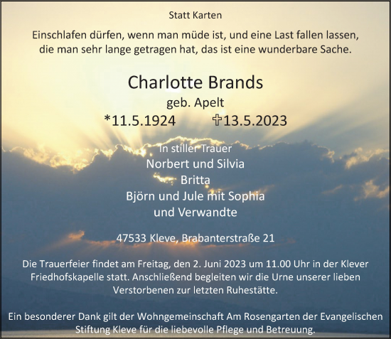 Traueranzeige von Charlotte Brands von Rheinische Post