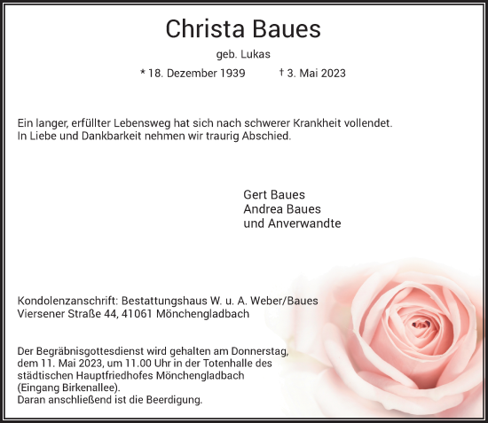Traueranzeige von Christa Baues von Rheinische Post