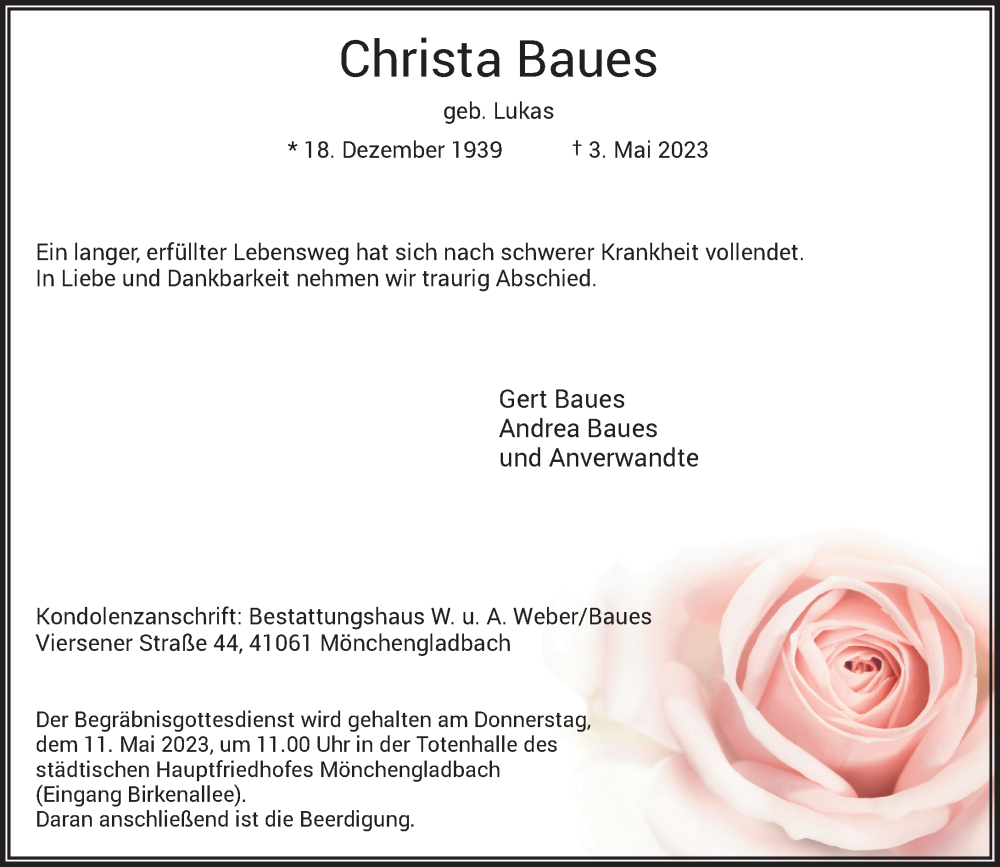  Traueranzeige für Christa Baues vom 06.05.2023 aus Rheinische Post