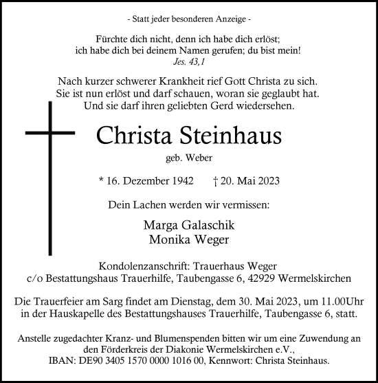 Traueranzeige von Christa Steinhaus von Rheinische Post