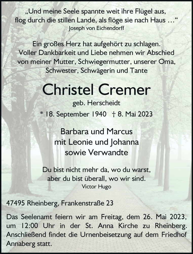  Traueranzeige für Christel Cremer vom 20.05.2023 aus Rheinische Post