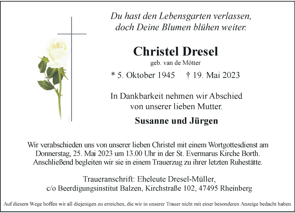  Traueranzeige für Christel Dresel vom 23.05.2023 aus Rheinische Post