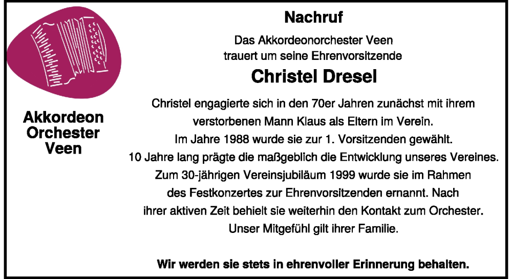  Traueranzeige für Christel Dresel vom 27.05.2023 aus Rheinische Post