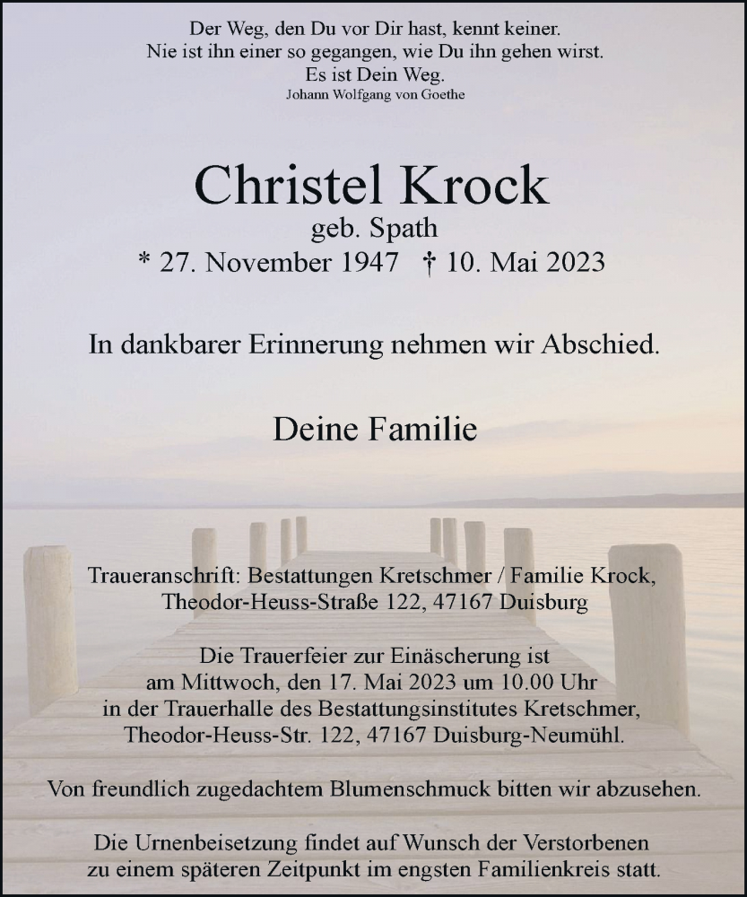  Traueranzeige für Christel Krock vom 13.05.2023 aus Rheinische Post