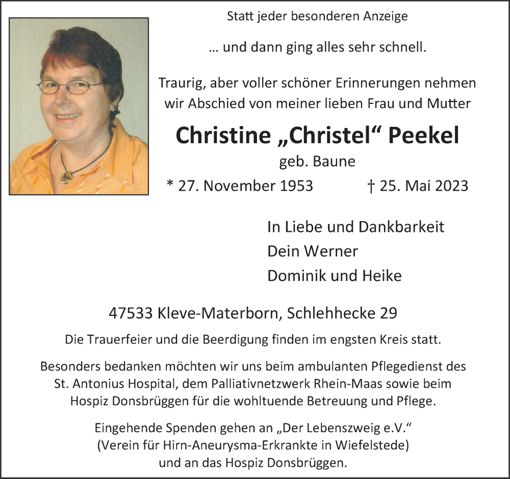  Traueranzeige für Christine Peekel vom 31.05.2023 aus Rheinische Post