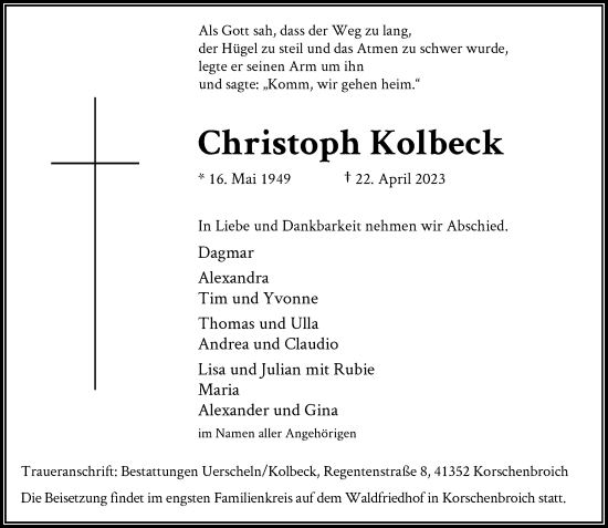Traueranzeige von Christoph Kolbeck von Rheinische Post
