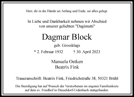 Traueranzeige von Dagmar Block von Rheinische Post