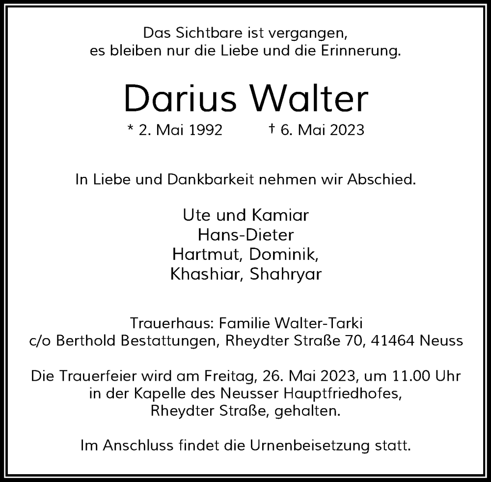  Traueranzeige für Darius Walter vom 20.05.2023 aus Rheinische Post