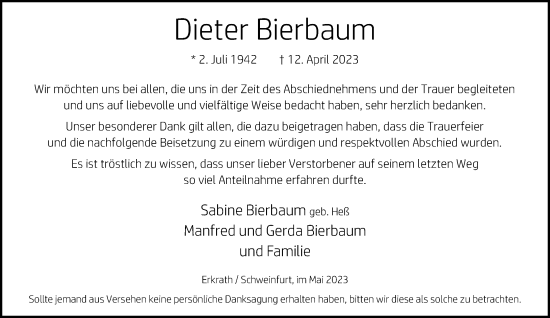 Traueranzeige von Dieter Bierbaum von Rheinische Post