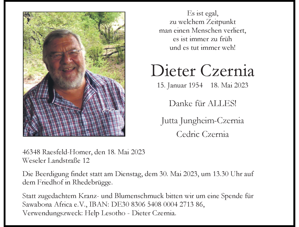 Traueranzeige für Dieter Czernia vom 24.05.2023 aus Rheinische Post