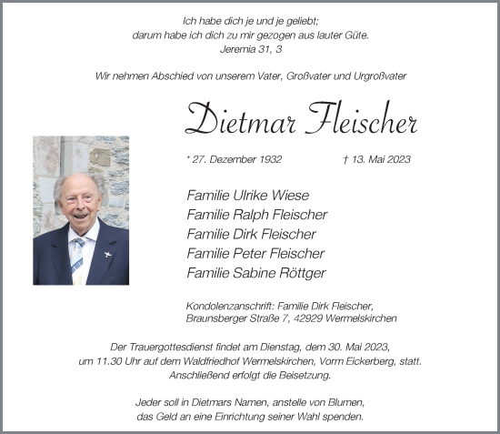 Traueranzeige von Dietmar Fleischer von Rheinische Post