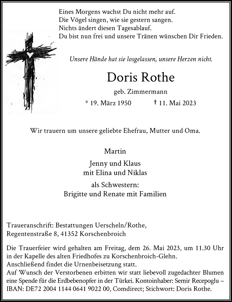  Traueranzeige für Doris Rothe vom 20.05.2023 aus Rheinische Post