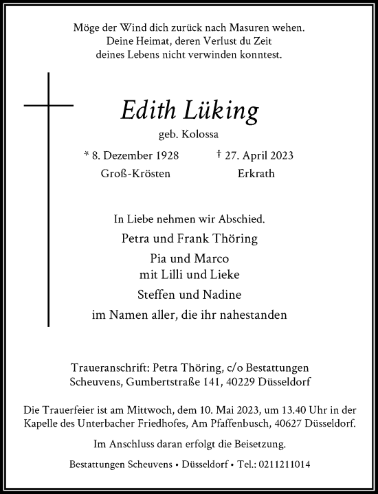 Traueranzeige von Edith Lüking von Rheinische Post