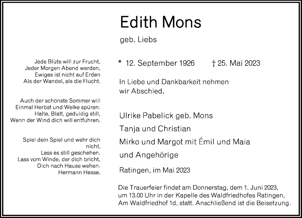  Traueranzeige für Edith Mons vom 31.05.2023 aus Rheinische Post