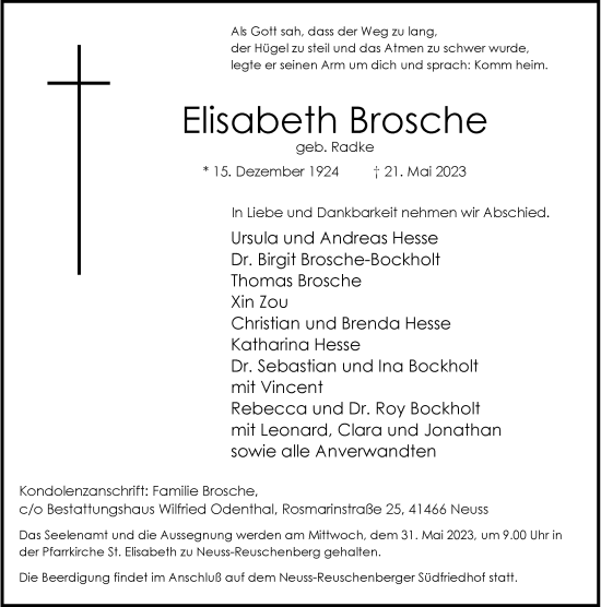 Traueranzeige von Elisabeth Brosche von Rheinische Post