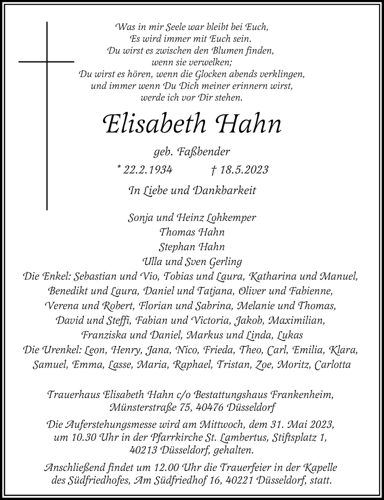  Traueranzeige für Elisabeth Hahn vom 27.05.2023 aus Rheinische Post