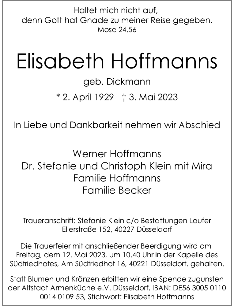  Traueranzeige für Elisabeth Hoffmanns vom 10.05.2023 aus Rheinische Post