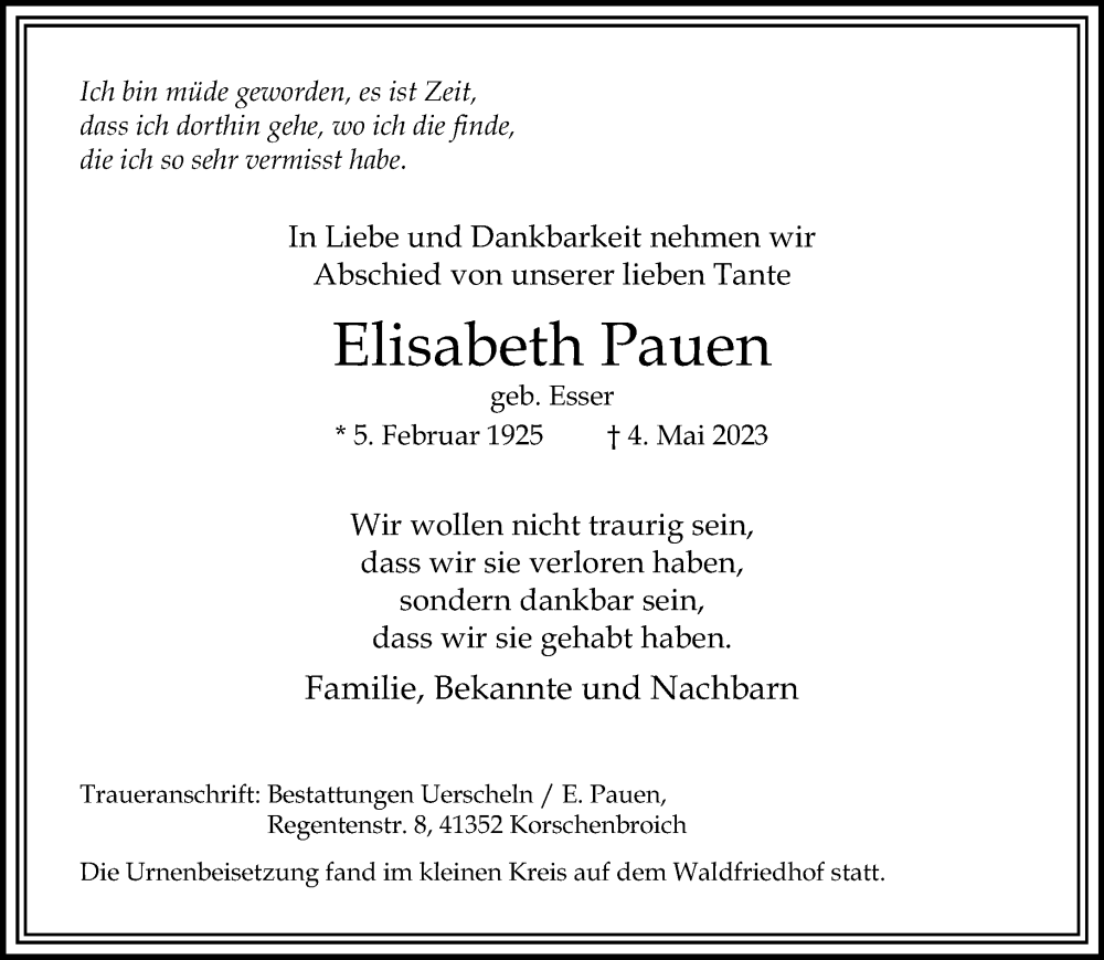  Traueranzeige für Elisabeth Pauen vom 27.05.2023 aus Rheinische Post