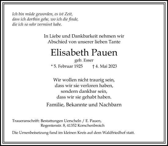 Traueranzeige von Elisabeth Pauen von Rheinische Post