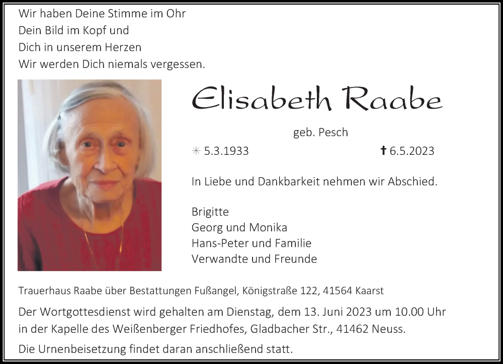  Traueranzeige für Elisabeth Raabe vom 20.05.2023 aus Rheinische Post