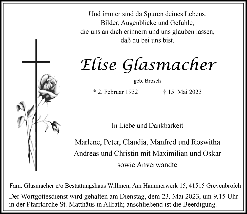  Traueranzeige für Elise Glasmacher vom 20.05.2023 aus Rheinische Post