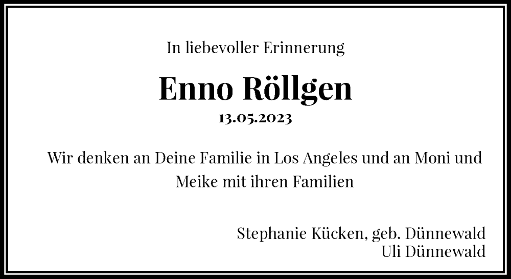  Traueranzeige für Enno Röllgen vom 27.05.2023 aus Rheinische Post