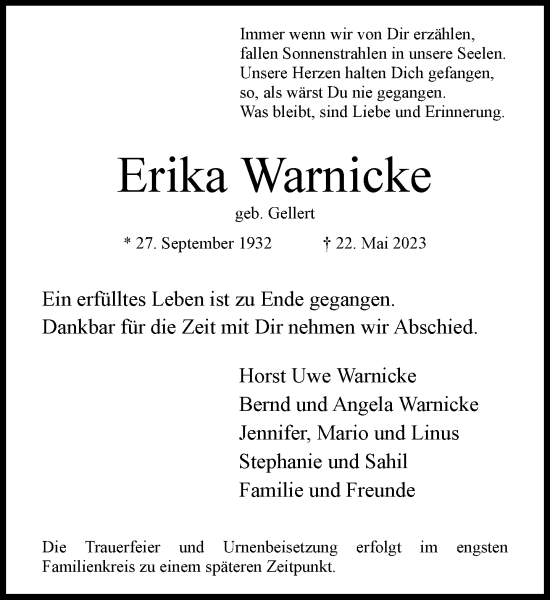 Traueranzeige von Erika Warnicke von Rheinische Post