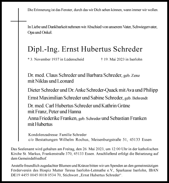 Traueranzeige von Ernst Hubertus Schreder von Rheinische Post