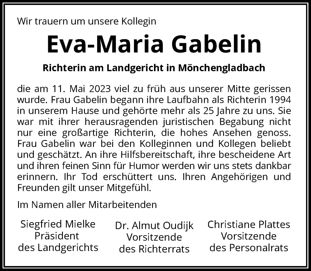  Traueranzeige für Eva-Maria Gabelin vom 20.05.2023 aus Rheinische Post