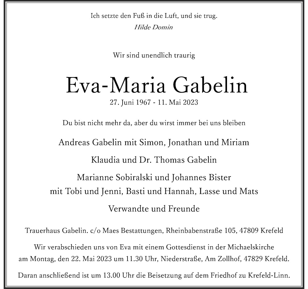  Traueranzeige für Eva-Maria Gabelin vom 13.05.2023 aus Rheinische Post