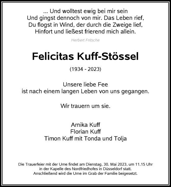 Traueranzeige von Felicitas Kuff-Stössel von Rheinische Post