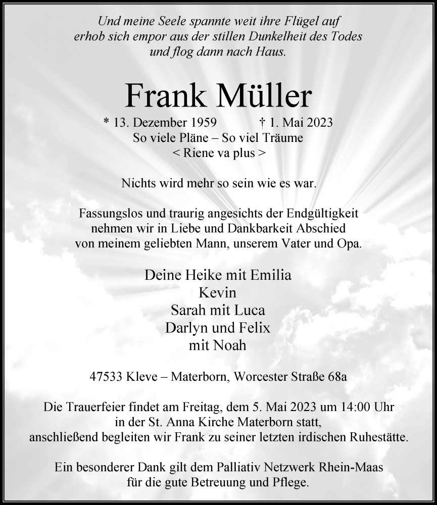  Traueranzeige für Frank Müller vom 03.05.2023 aus Rheinische Post